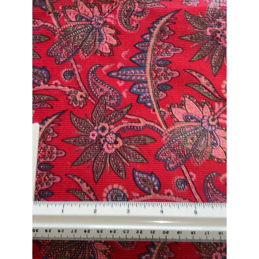 Vtg Small Wale Corduroy Fabric Red Jacobean Floral 2 Yds + 8